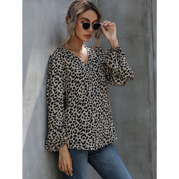 boho Leopard print V Neck Bishop long Sleeve Top - Picture 6 of 8